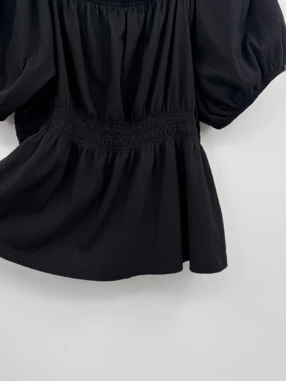Old Navy Top Women XL Black Short Puff Sleeve Peplum Cottage Whimsy Goth Fairy